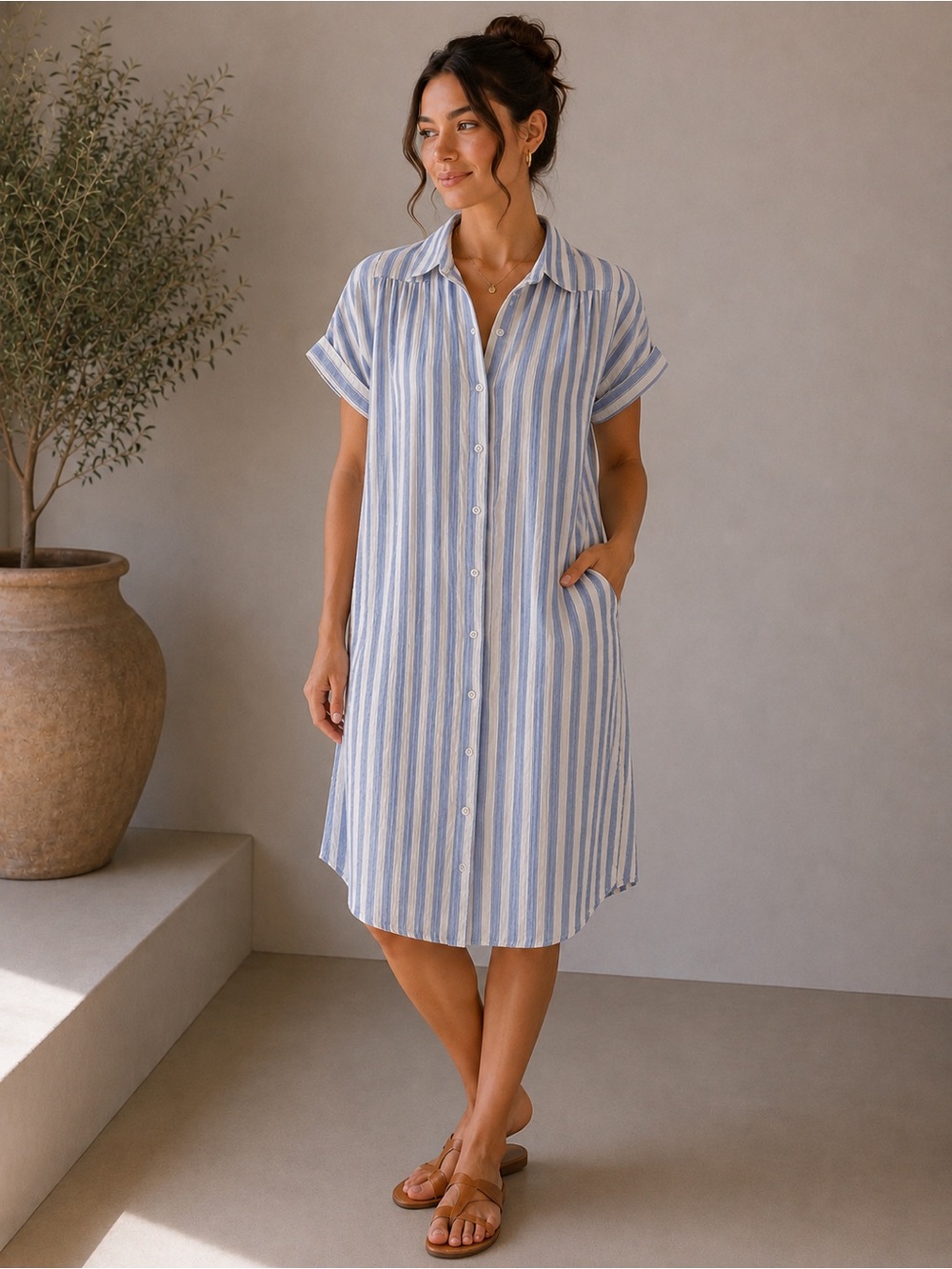 Caslon Blue White Striped Shirt Dress M Short Sleeve Collared Button Front Rayon